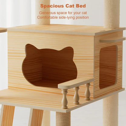 59-Inch Modern Cat Scratching Post Tower, Wood Cat Tree with Sisal Posts, Top Perch and Acrylic Hammock for Indoor Cats - product view 5