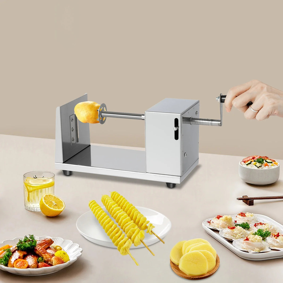 Manual Vegetable Spiralizer Cutter, Stainless Steel Potato Twister, 3–3.5 mm Slices, Tabletop Tornado Fries Maker - product view 4