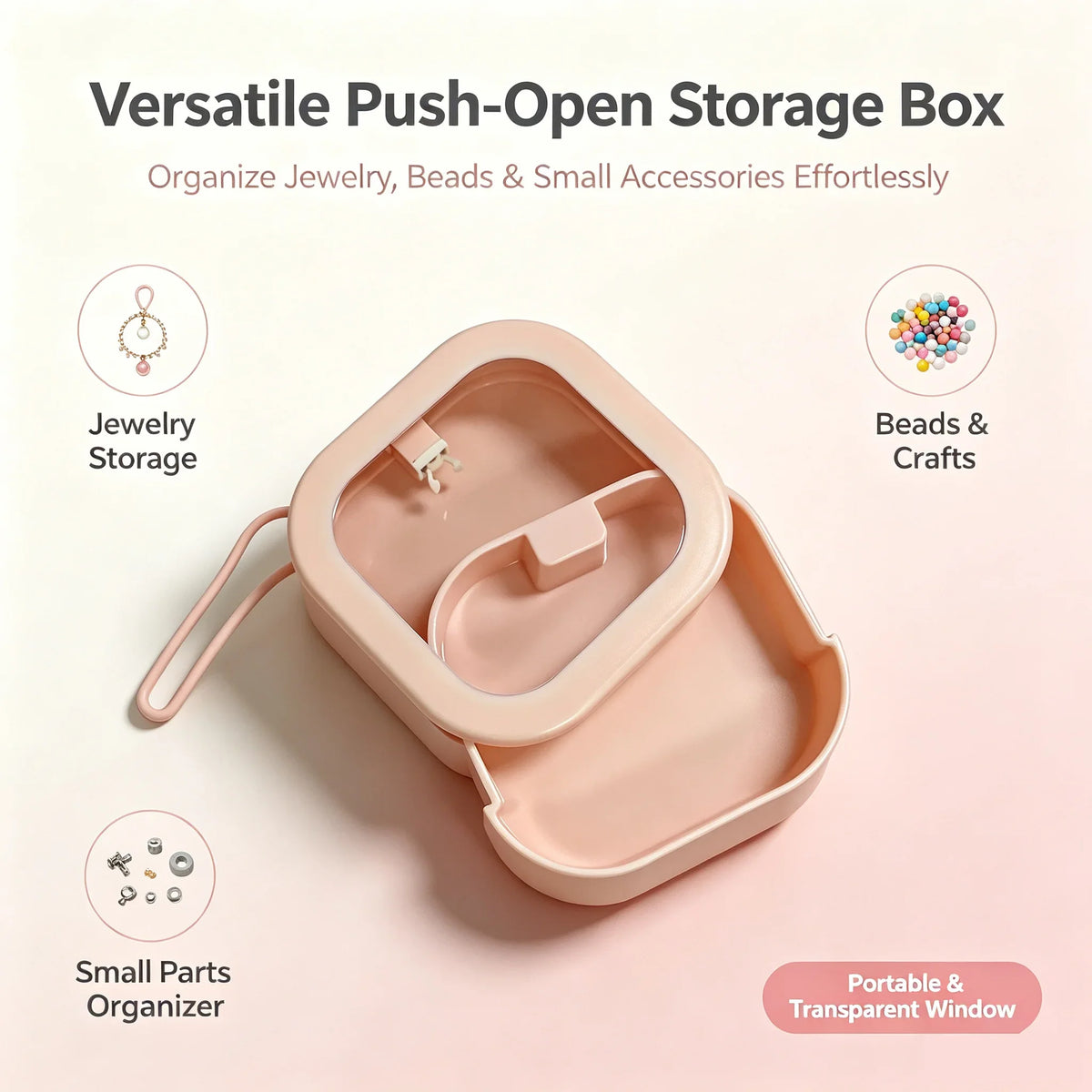 Portable Push-Open Jewelry Storage Box with Clear Window, Lanyard and Plastic Square Case for Earrings, Rings and Beads - product view 4