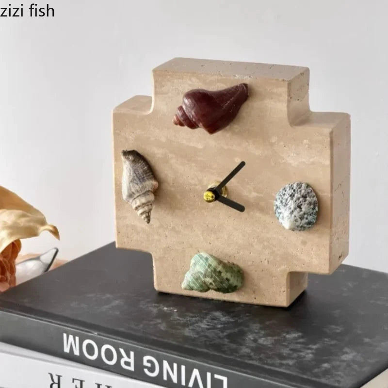 Retro Shell Table Clock, Resin and Stone Desk Ornament for Mantel, Shelf, Office or Room Décor - product view 5