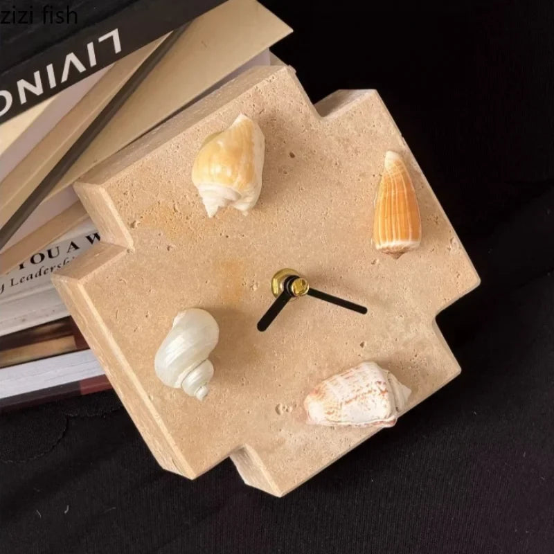Retro Shell Table Clock, Resin and Stone Desk Ornament for Mantel, Shelf, Office or Room Décor - product view 6