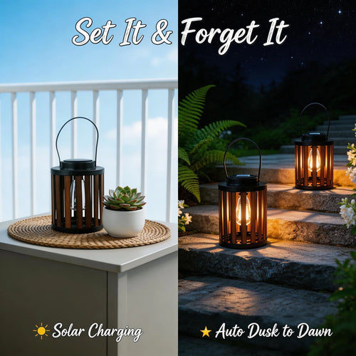 Solar Lanterns, 2-Pack LED Hanging or Table Lights, Wood-Grain Metal Frame, Dusk-to-Dawn Auto On/Off for Patio and Garden - product view 1