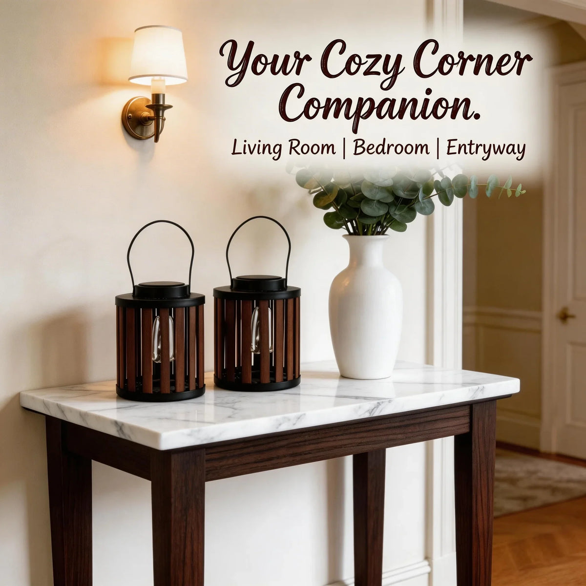 Solar Lanterns, 2-Pack LED Hanging or Table Lights, Wood-Grain Metal Frame, Dusk-to-Dawn Auto On/Off for Patio and Garden - product view 3