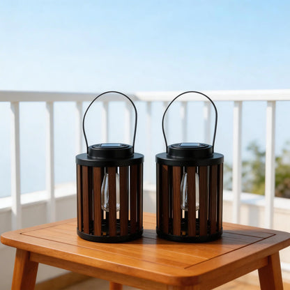 Solar Lanterns, 2-Pack LED Hanging or Table Lights, Wood-Grain Metal Frame, Dusk-to-Dawn Auto On/Off for Patio and Garden - product view 5