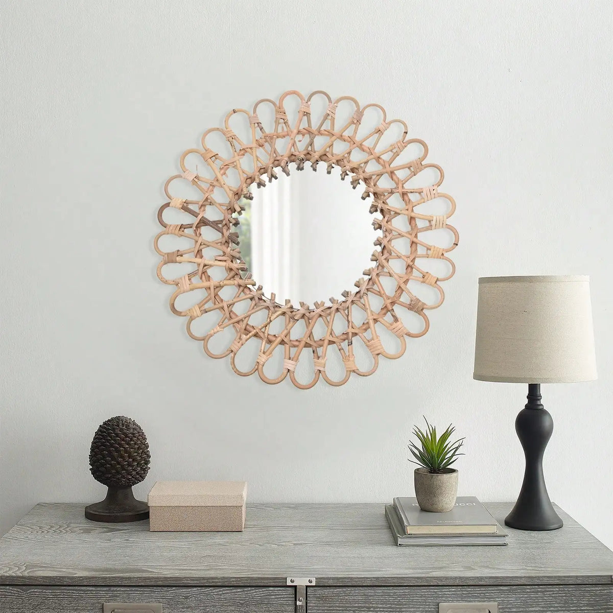 Round Rattan Wall Mirror, Handmade Rural Decorative Vanity Mirror for Bathroom, Bedroom, Living Room and Farmhouse Décor - product view 2