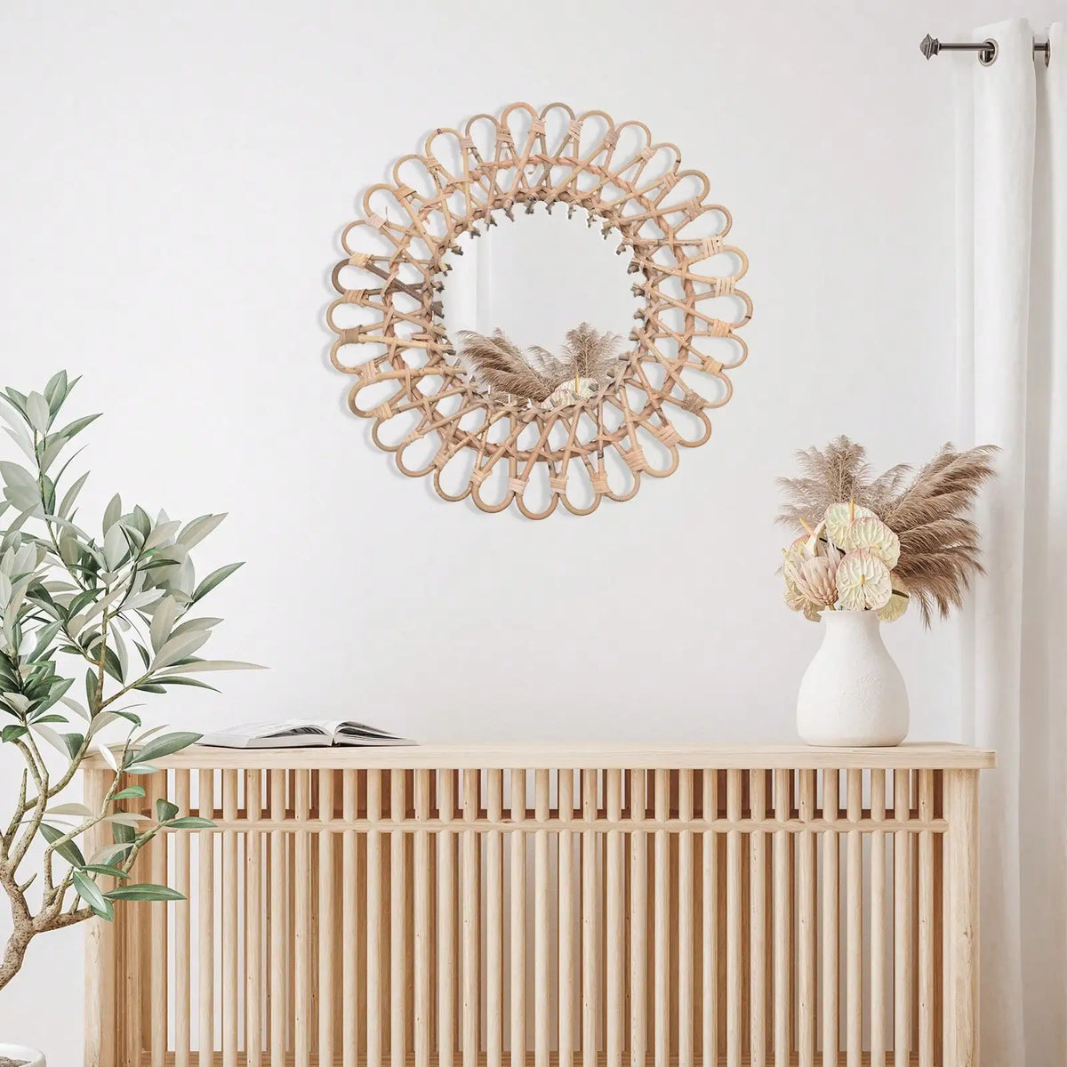 Round Rattan Wall Mirror, Handmade Rural Decorative Vanity Mirror for Bathroom, Bedroom, Living Room and Farmhouse Décor - product view 3