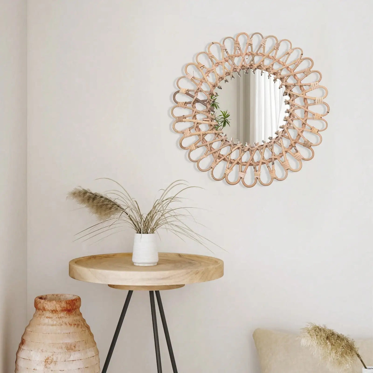 Round Rattan Wall Mirror, Handmade Rural Decorative Vanity Mirror for Bathroom, Bedroom, Living Room and Farmhouse Décor - product view 4