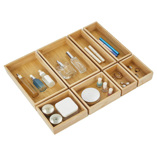 8-Piece Bamboo Drawer Organizer Set, Multi-Size Storage Trays for Makeup, Jewelry, Desk, Kitchen and Bedroom - product view 1