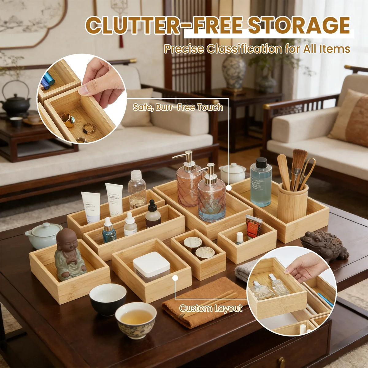 8-Piece Bamboo Drawer Organizer Set, Multi-Size Storage Trays for Makeup, Jewelry, Desk, Kitchen and Bedroom - product view 2
