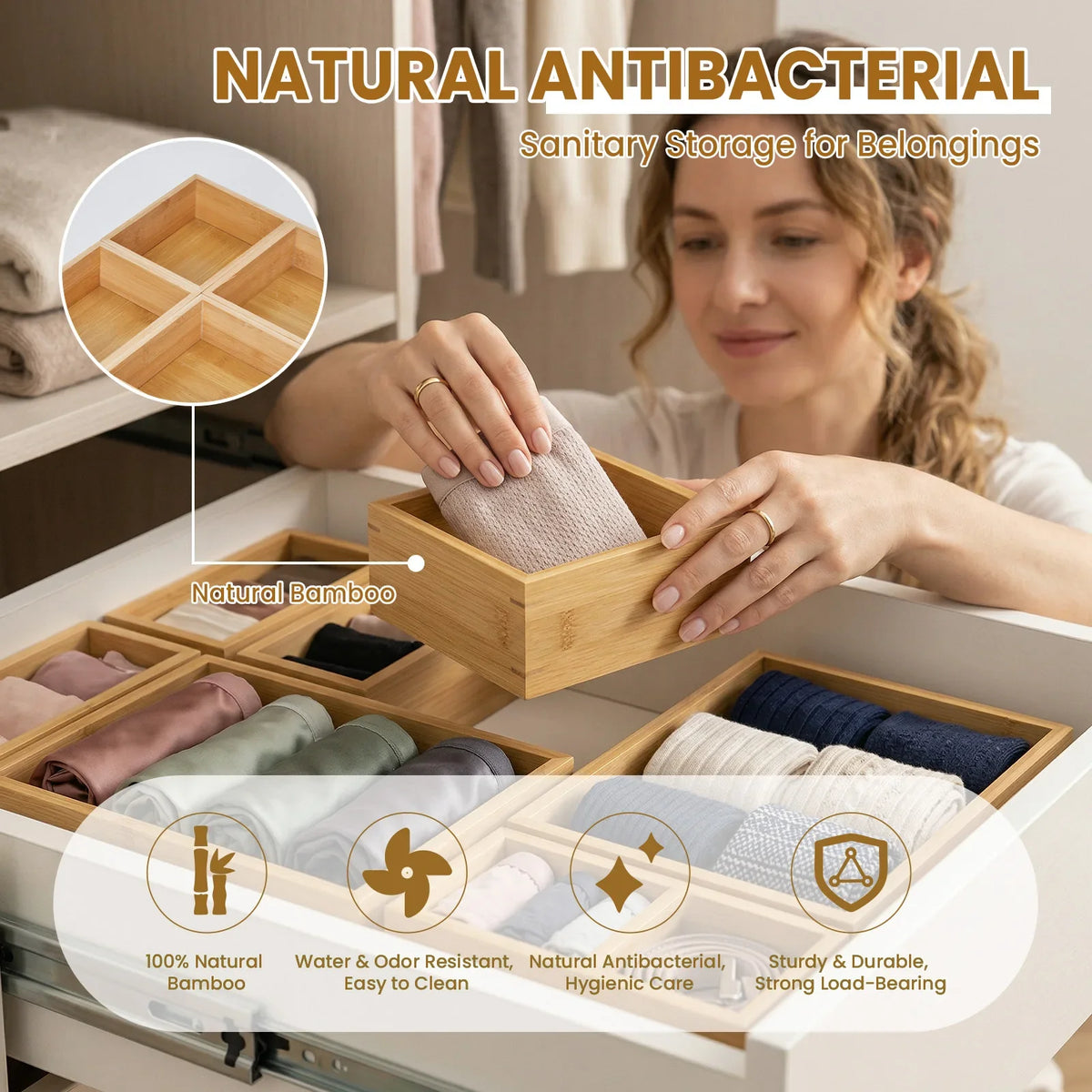 8-Piece Bamboo Drawer Organizer Set, Multi-Size Storage Trays for Makeup, Jewelry, Desk, Kitchen and Bedroom - product view 3