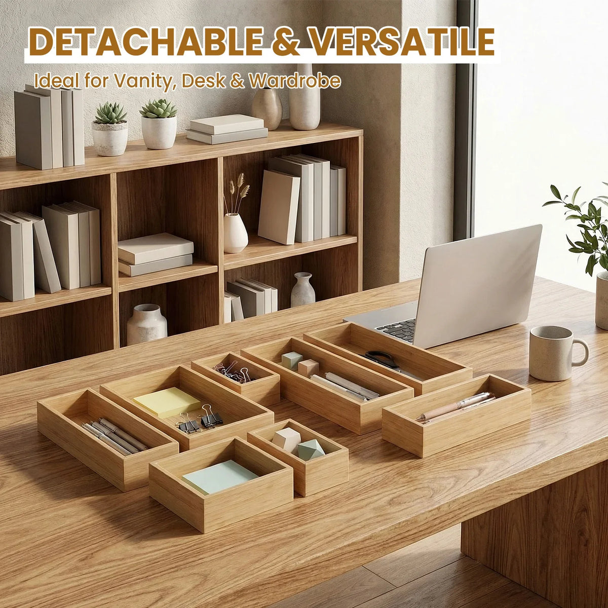8-Piece Bamboo Drawer Organizer Set, Multi-Size Storage Trays for Makeup, Jewelry, Desk, Kitchen and Bedroom - product view 4