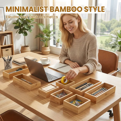 8-Piece Bamboo Drawer Organizer Set, Multi-Size Storage Trays for Makeup, Jewelry, Desk, Kitchen and Bedroom - product view 6