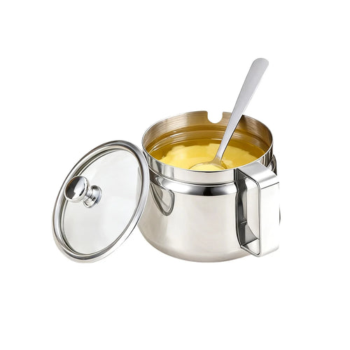 Stainless Steel Kitchen Canister, 500 mL Ghee Storage Jar with Snap Lid, Spoon and Dishwasher-Safe Round Design - product view 1