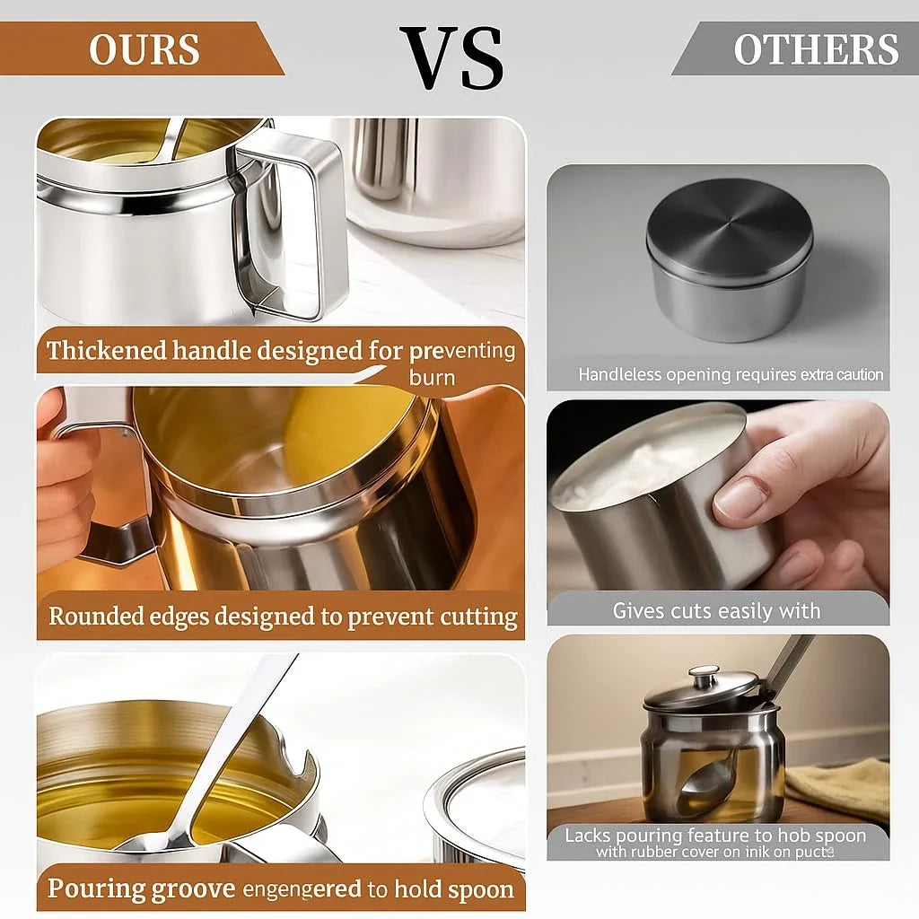 Stainless Steel Kitchen Canister, 500 mL Ghee Storage Jar with Snap Lid, Spoon and Dishwasher-Safe Round Design - product view 2