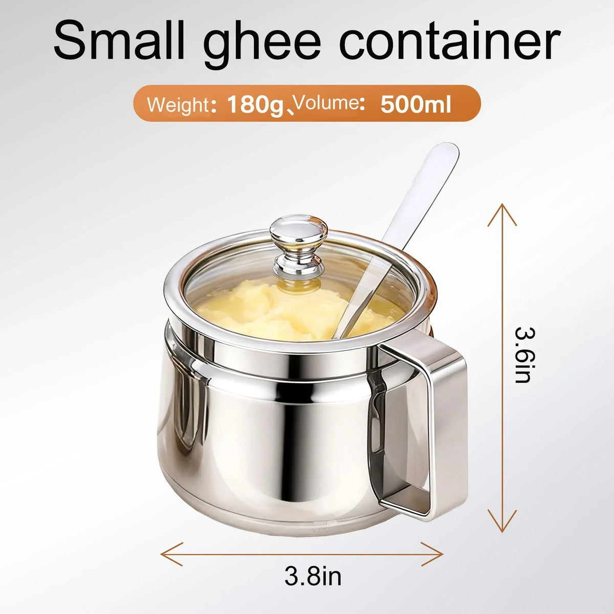 Stainless Steel Kitchen Canister, 500 mL Ghee Storage Jar with Snap Lid, Spoon and Dishwasher-Safe Round Design - product view 4