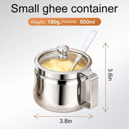 Stainless Steel Kitchen Canister, 500 mL Ghee Storage Jar with Snap Lid, Spoon and Dishwasher-Safe Round Design - product view 4