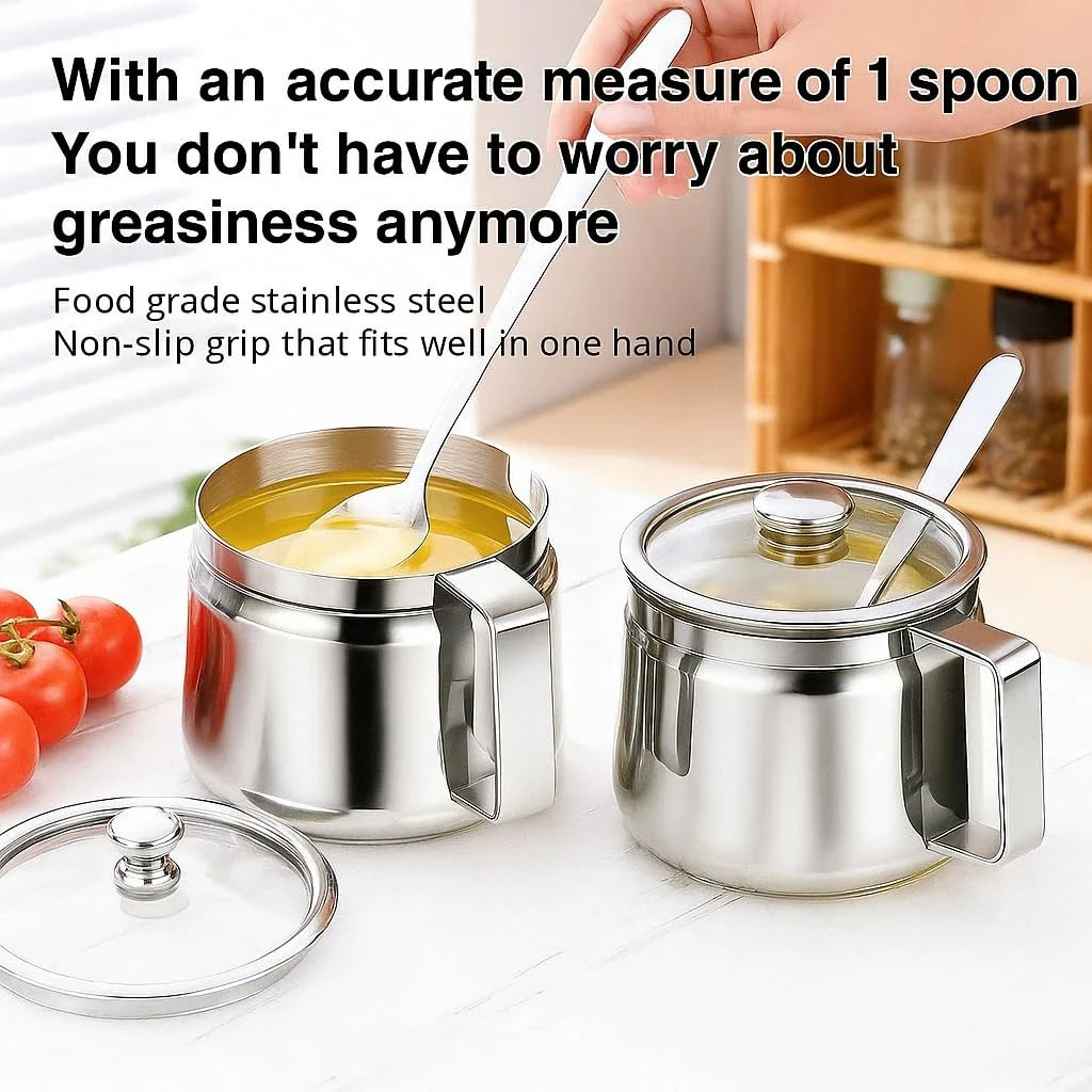 Stainless Steel Kitchen Canister, 500 mL Ghee Storage Jar with Snap Lid, Spoon and Dishwasher-Safe Round Design - product view 6