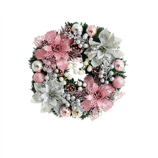 Pink Silver Christmas Wreath, 30 cm Artificial Pine Cone and Flower Garland, Decorative Door or Wall Hanging - product view 1