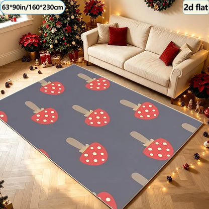 Kids Rug, Cute Cartoon Red Spotted Mushroom Design, Rubber Backing, Polyester Area Carpet for Bedroom, Nursery and Playroom - product view 4