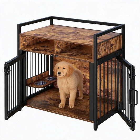 48-Inch Dog Crate Furniture, Wooden Indoor Kennel with Storage Shelves, Double Doors, Rotating Bowl and Adjustable Legs - product view 1