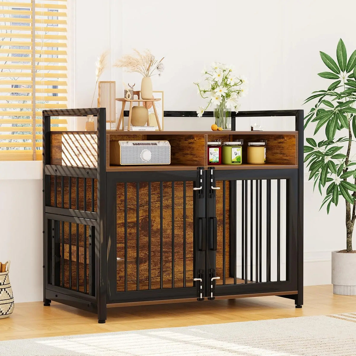 48-Inch Dog Crate Furniture, Wooden Indoor Kennel with Storage Shelves, Double Doors, Rotating Bowl and Adjustable Legs - product view 5