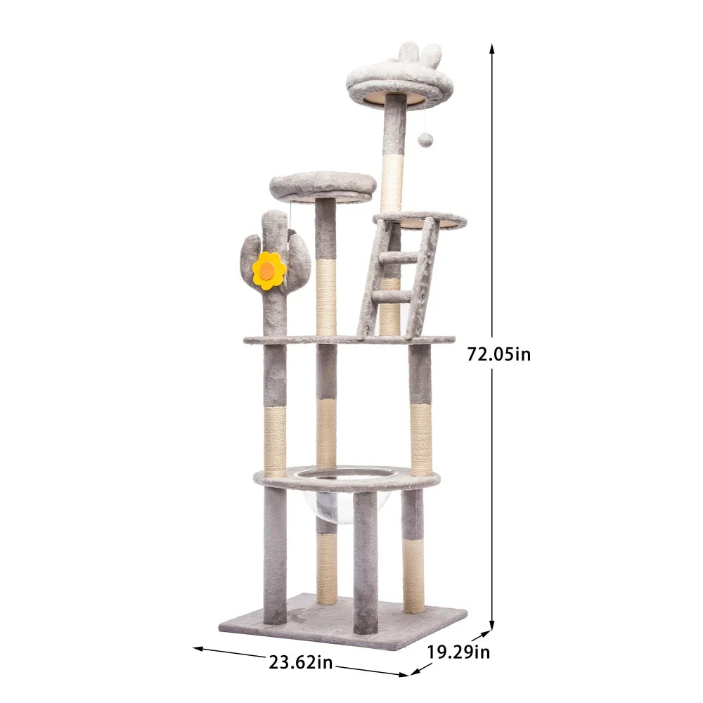 72-Inch Cactus Cat Scratching Post Tower with Clear Capsule, Sisal Posts, Plush Platforms and Hanging Toys - product view 1