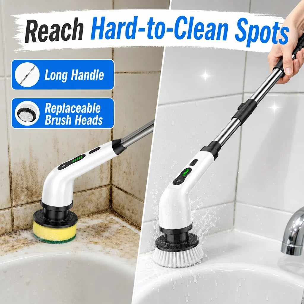 Cordless Electric Spin Scrubber, Rechargeable Cleaning Brush with 12 Replaceable Heads and Adjustable Extension Handle - product view 3