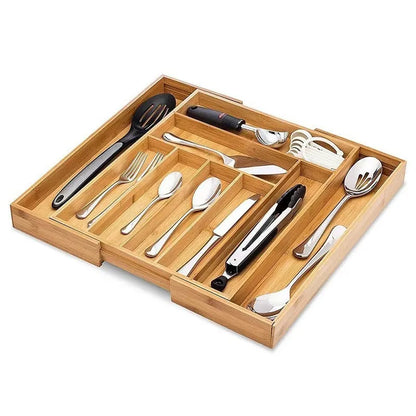Bamboo Drawer Organizer, Adjustable Pull-Out Tableware Storage Box with Grid, Multiple Sizes - product view 6