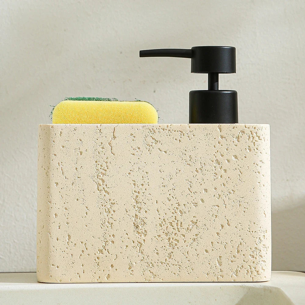Travertine-Style Resin Soap Dispenser, Countertop Bathroom Emulsion Bottle with Storage Tank, Yellow or Off-White - product view 5