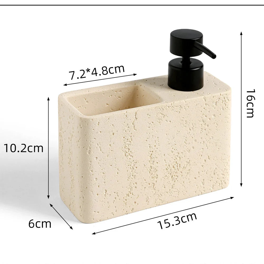 Travertine-Style Resin Soap Dispenser, Countertop Bathroom Emulsion Bottle with Storage Tank, Yellow or Off-White - product view 6