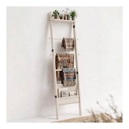 4-in-1 Towel Ladder Rack, 5-Tier Leaning Blanket Rack with Magazine Pocket and 4 Removable Hooks for Spa Bathrooms - product view 1