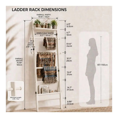 4-in-1 Towel Ladder Rack, 5-Tier Leaning Blanket Rack with Magazine Pocket and 4 Removable Hooks for Spa Bathrooms - product view 2