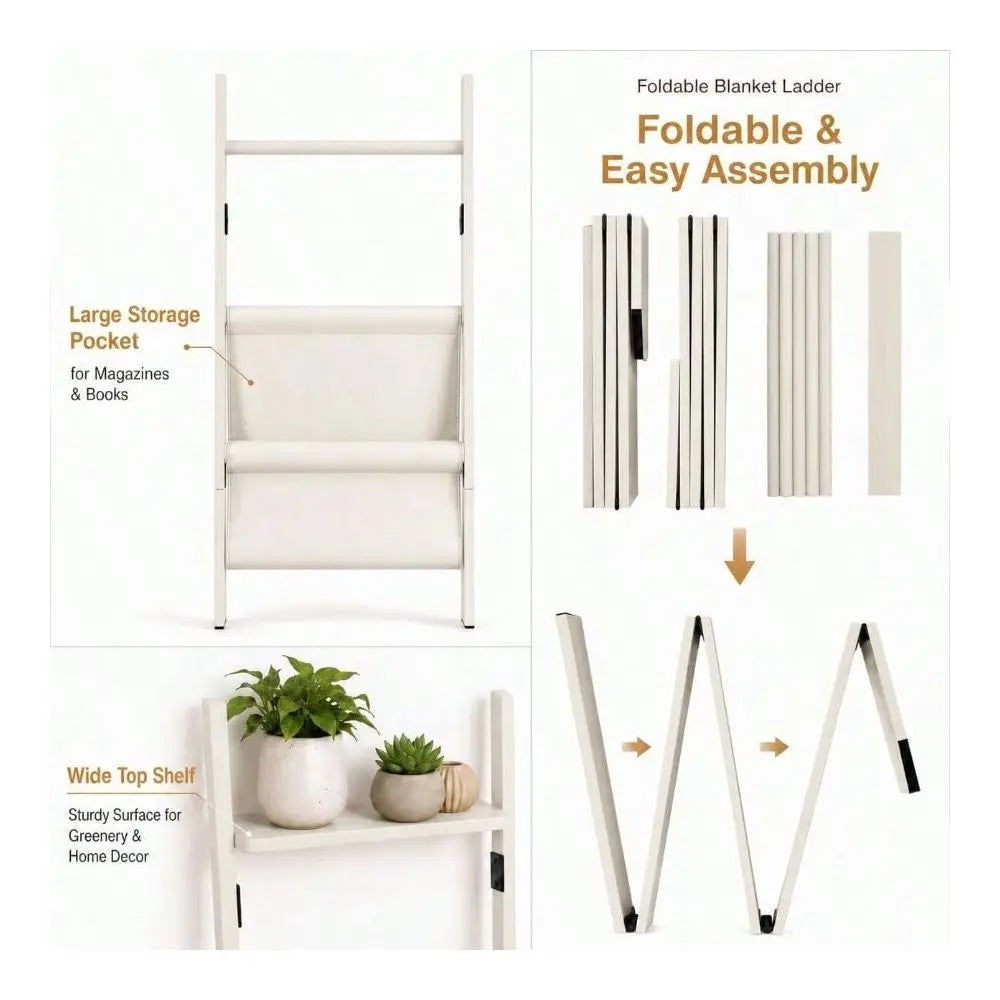4-in-1 Towel Ladder Rack, 5-Tier Leaning Blanket Rack with Magazine Pocket and 4 Removable Hooks for Spa Bathrooms - product view 5