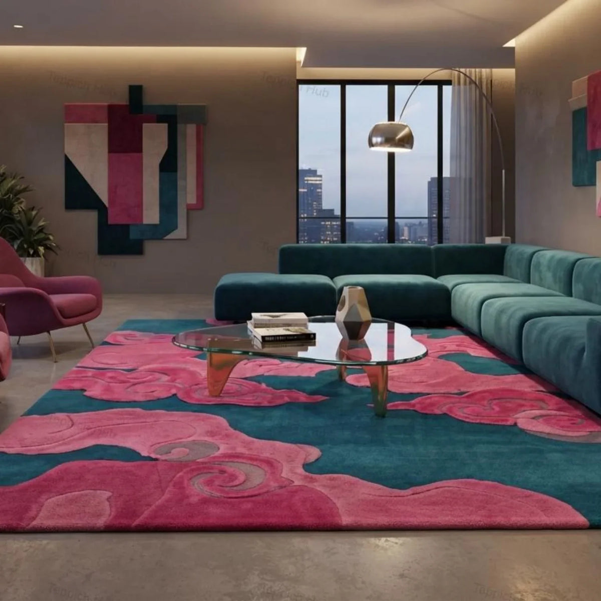 Teal and Pink Cloud Area Rug, Soft Velvet-Feel Polyester, Machine Made PVC Backing for Living Rooms and Bedrooms - product view 1