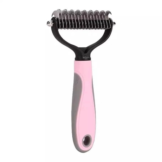 Double-Sided Pet Deshedding Comb, Stainless Steel Blades, Plastic Handle, Pink or Blue, S or L for Cats and Dogs - product view 1