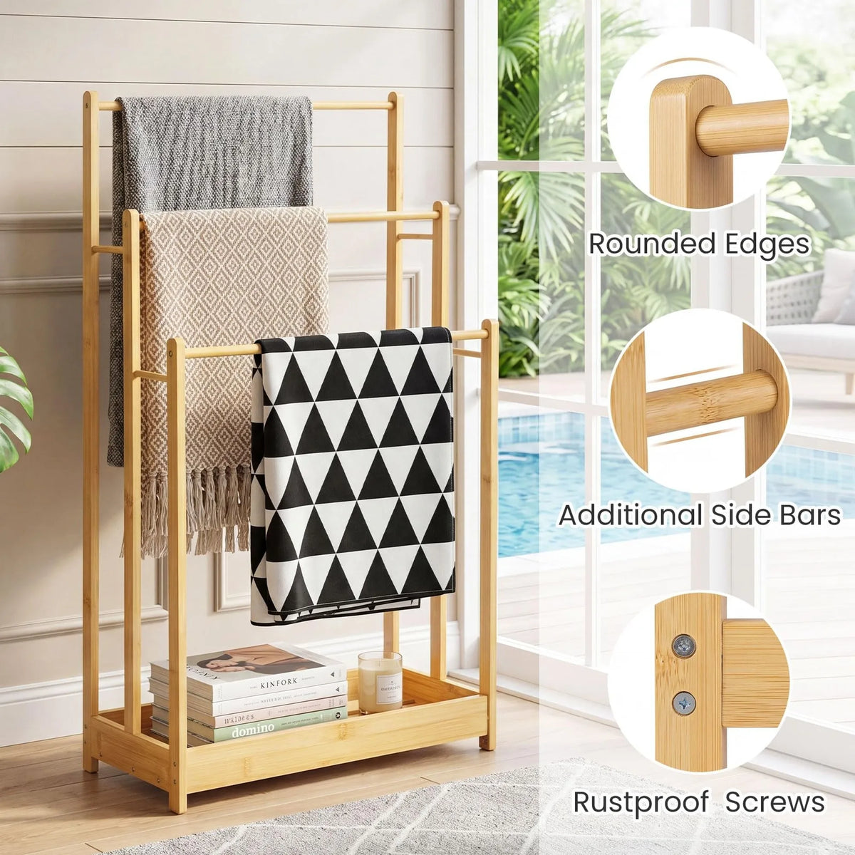 Stainless Steel 3-Tier Towel Ladder Rack with Storage Shelf, Freestanding Bathroom Organizer for Towels and Linens - product view 2