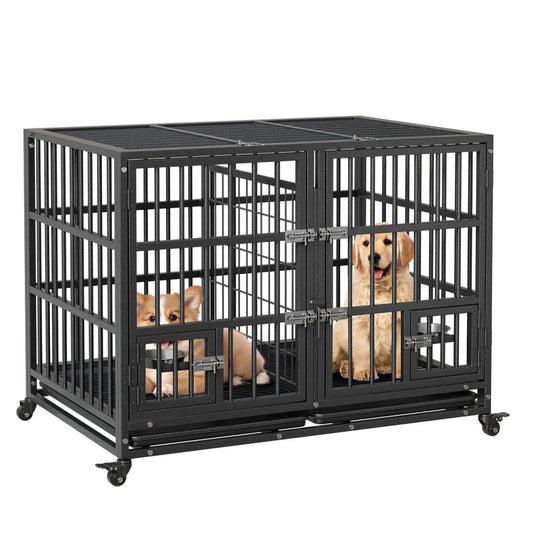 Heavy-Duty 42-Inch Metal Dog Crate, Double Doors, Top Access, Divider, Removable Trays and Lockable Wheels - product view 1