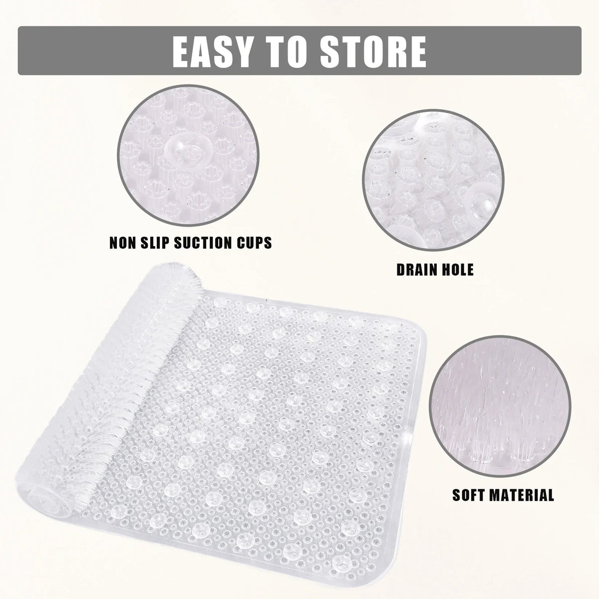 PVC Bath Mat, Soft Textured Shower and Tub Floor Mat with Suction Cups and Drain Holes, 27.56 x 15.75 Inches - product view 3