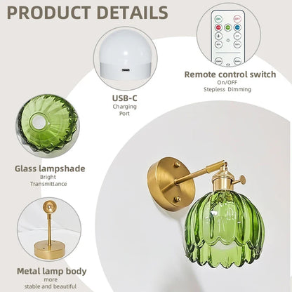 Vintage Glass Wall Sconce, Rechargeable LED, Remote Control, Dimmable E27 Lamp for Bedroom, Dining Room and Foyer - product view 5