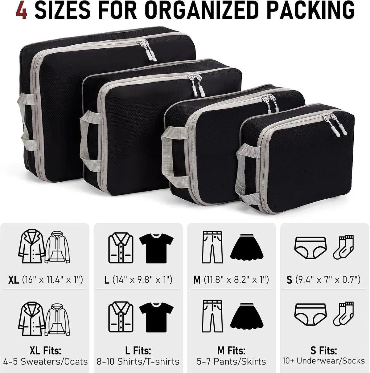 Compression Packing Cubes, 4-Piece Foldable Travel Organizer Set with S, M, L and XL Bags - product view 2