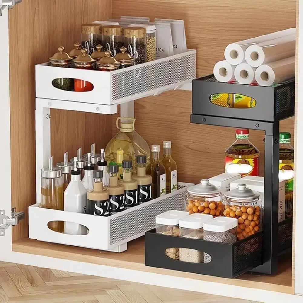 2-Tier Pull-Out Under Sink Organizer, Adjustable Stainless Steel Storage Rack, No-Drill Cabinet Basket for Kitchen and Bathroom - product view 1