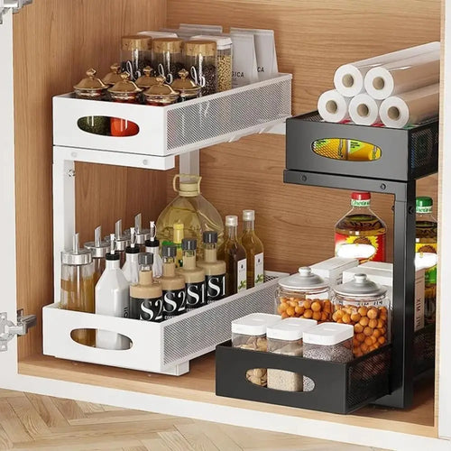 2-Tier Pull-Out Under Sink Organizer, Adjustable Stainless Steel Storage Rack, No-Drill Cabinet Basket for Kitchen and Bathroom - product view 1