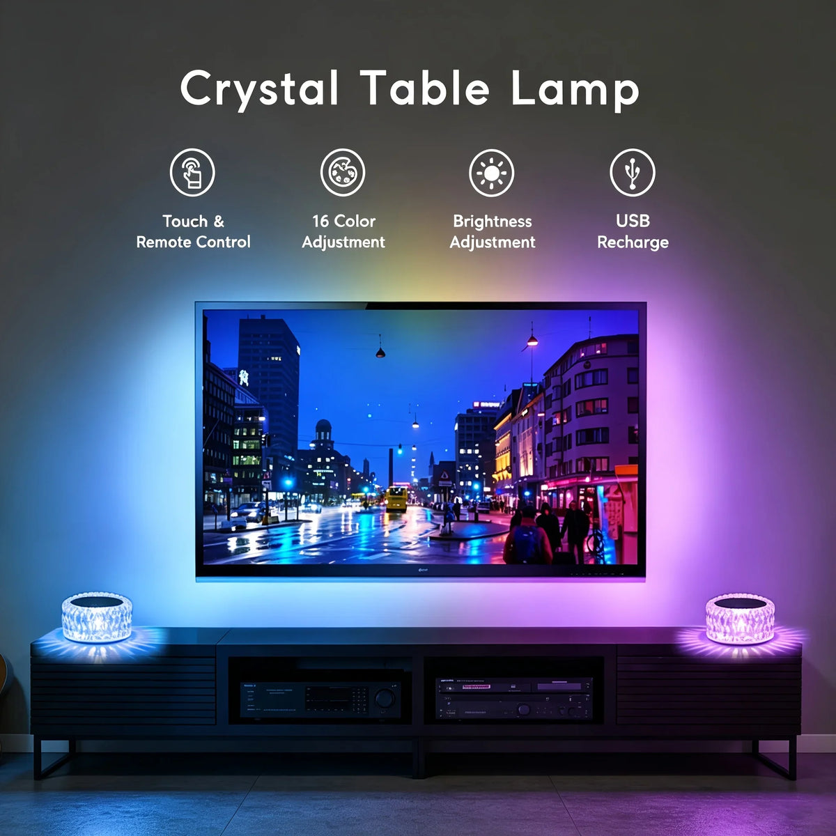 Portable Crystal LED Table Lamp, 16 Colors, 3-Level Dimming, Touch Control, Rechargeable, 1 or 2 Pack - product view 5