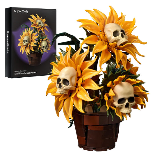 Skull Sunflower Pot Building Blocks Set, Yellow Plastic Flower Bricks, Artificial Gothic Halloween Home Decor - product view 1