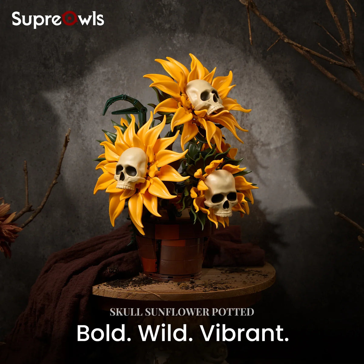 Skull Sunflower Pot Building Blocks Set, Yellow Plastic Flower Bricks, Artificial Gothic Halloween Home Decor - product view 2