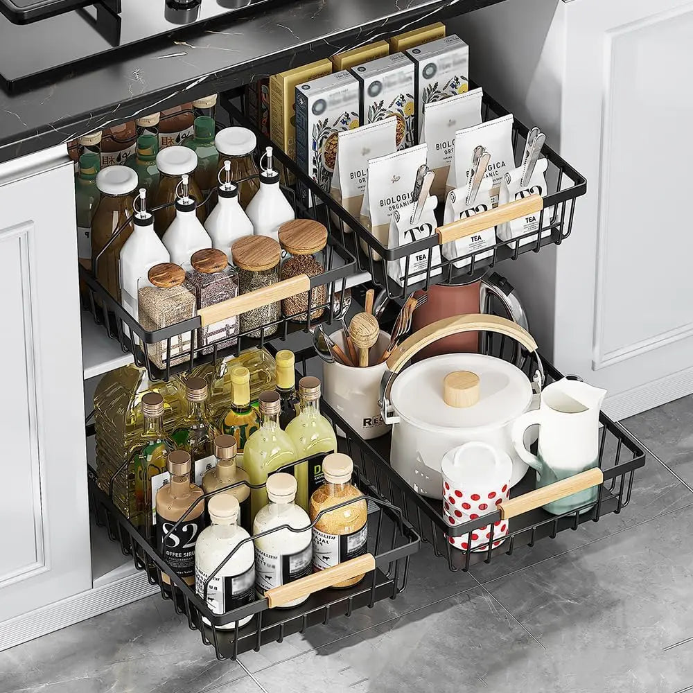 Pull Out Cabinet Organizer, Drill-Free Adhesive Sliding Mesh Basket with Ball-Bearing Glide for Kitchen, Pantry and Bathroom - product view 3