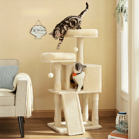 45.3-Inch Multi-Level Cat Tower, MDF Indoor Cat Tree with Scratching Post, Ramp, Perch and Hideaway Cave - product view 1