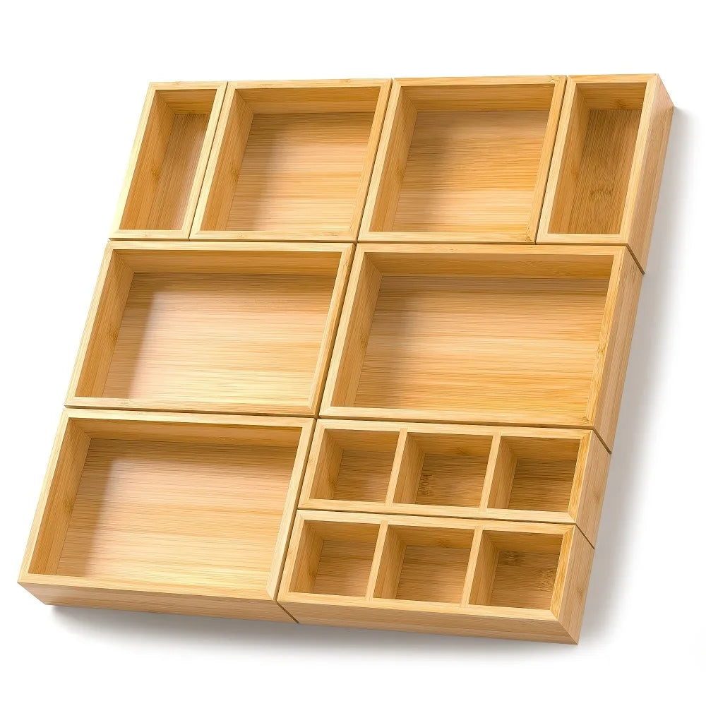 Bamboo Drawer Organizer, 9-Piece Set with Adjustable Dividers, 4 Sizes, Reusable Storage Trays for Kitchen, Bathroom and Office - product view 1