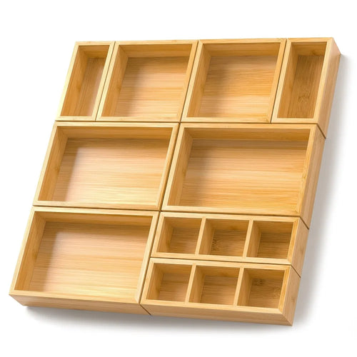 Bamboo Drawer Organizer, 9-Piece Set with Adjustable Dividers, 4 Sizes, Reusable Storage Trays for Kitchen, Bathroom and Office - product view 1