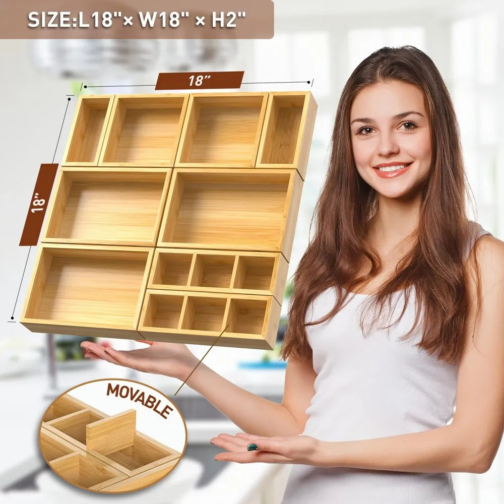 Bamboo Drawer Organizer, 9-Piece Set with Adjustable Dividers, 4 Sizes, Reusable Storage Trays for Kitchen, Bathroom and Office - product view 2
